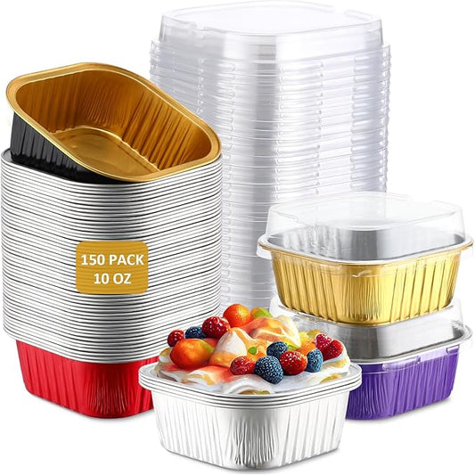 Aoriher 150 Pieces 10 oz Mini Cake Pans with Lids Aluminum Foil Baking Cups Square Disposable 4" x 4" Large Cupcake Cups Baking Tins for Kitchen Brownie Pudding Desserts Holders(Multicolor)