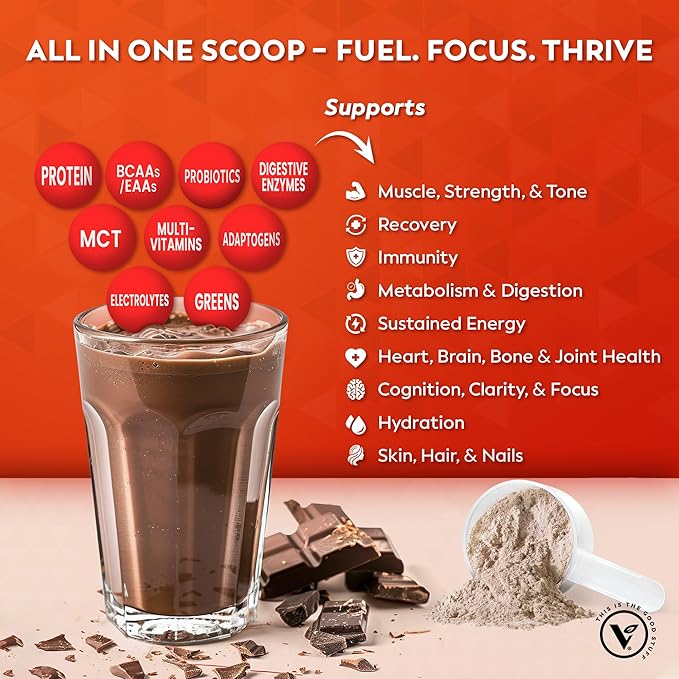 Veeg All in One Protein Smoothie Powder ??Plant Based Protein, Vegan Collagen, MCT Oil Organic, Multivitamin, Greens Superfood Powder, Meal Replacement, Probiotics, Sugar Free,15 Servings (Chocolate)