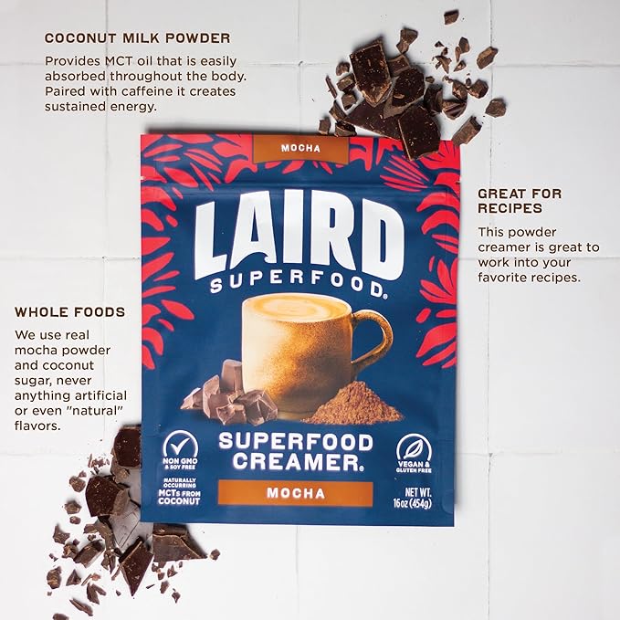 Laird Superfood Non-Dairy Coffee Creamer Mocha, Shelf-Stable Superfood Non-Dairy Powder Creamer, Gluten Free, Non-GMO, Vegan, 8 oz. Bag, Pack of 1