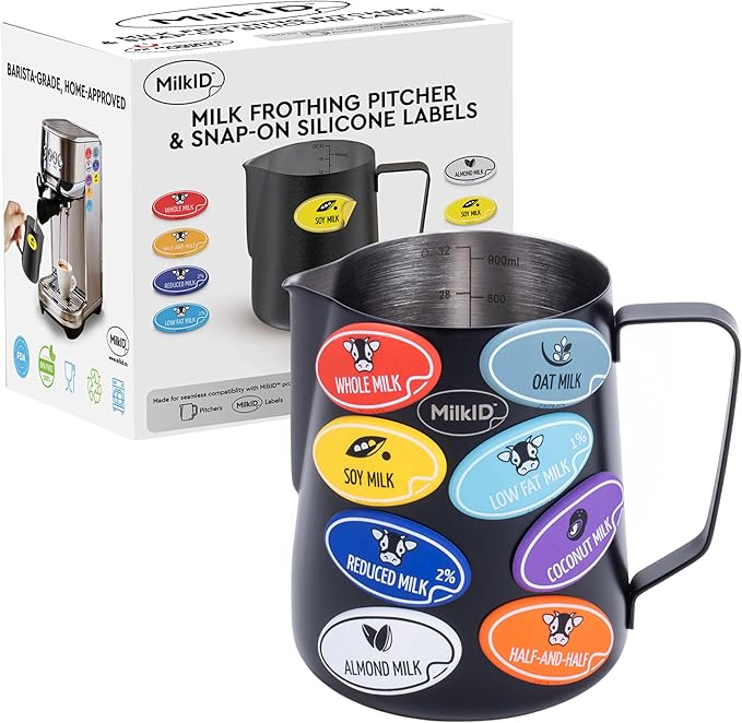 Milk Frothing Pitcher with 8 Allergen Silicone Snap-On Labels | Must-Have Barista Tool | Coffee Bar Accessories & Espresso Accessories Kit | (32oz / Black Pitcher + Labels)