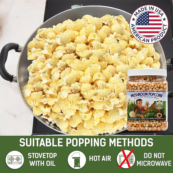Princeton Popcorn Mushroom Hulless Popcorn Kernels ??Easy-Eating, Ball Shaped Tender Popping Corn, Non-GMO Popcorn Kernels, No Hulls, Farmer Direct, Microwave Air Popper or Stovetop 32oz Jar