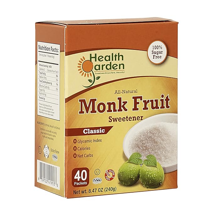 Health Garden Monk Fruit Sweetener, Classic - Non GMO - Gluten Free - Sugar Substitute - Kosher - Keto Friendly 40 Packets (2 pack)