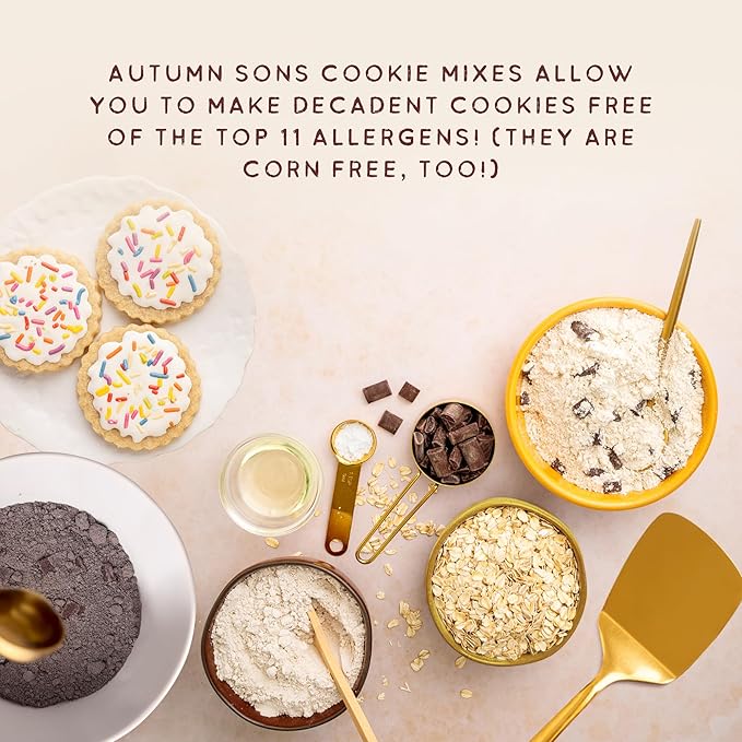 Autumn Sons Baking Co. Gluten Free Cookie Mix Variety Pack. Sugar Cookie, Chocolate Chunk, Double Chocolate Chunk & Oatmeal Cinnamon. Vegan Plant Based Baking Mix. Free From 11 Common Allergens. 9.3 oz (Pack of 4)