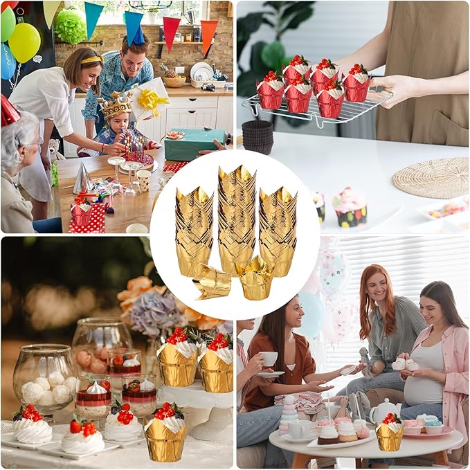 uxcell 100 Pcs Tulip Cupcake Liners, Muffins Liners Aluminum Foil Cupcake Wrappers Baking Cups Muffins Liners for Wedding Birthday Party Supplies, Gold