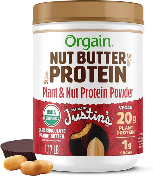 Orgain X Justin's 짰 Organic Vegan Nut Butter Protein Powder, Chocolate Peanut Butter- 20g Plant Protein, 1g Sugar, Gluten Free, No Dairy, Soy Ingredients, or Artificial Flavors, 1.17 lb