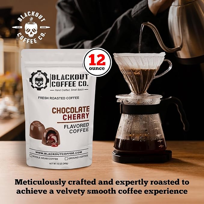 Blackout Coffee Chocolate Cherry Flavored Ground Coffee ??Medium Roast, Smooth Taste, Guilt-Free Indulgence ??Freshly Roasted 12oz Pouch, American Made