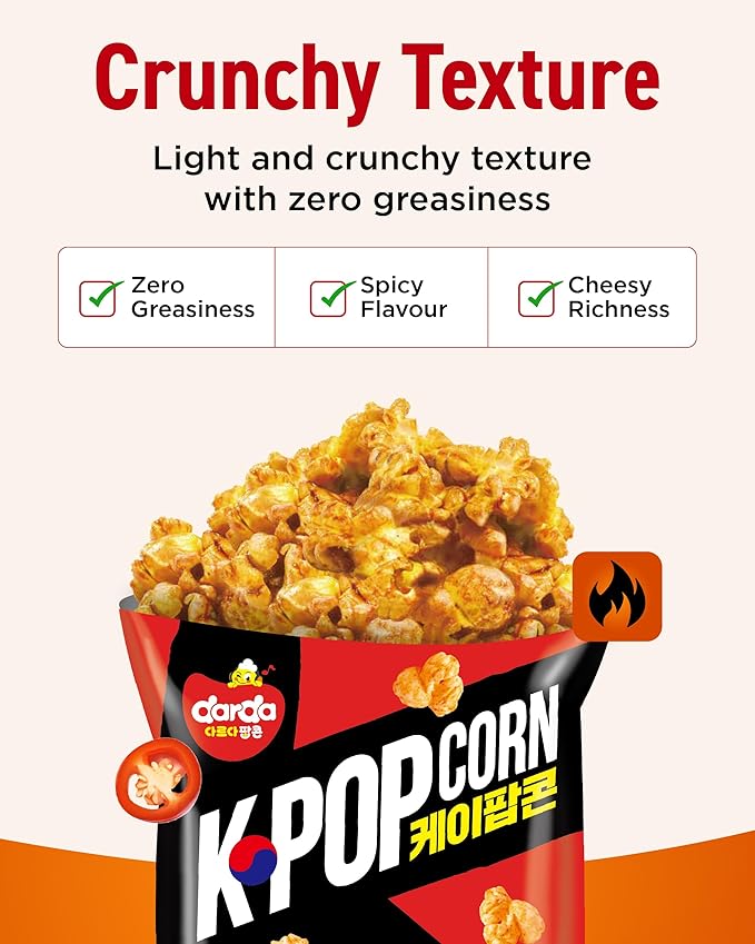 DARDA KPopcorn Hot Chili - Spicy Popcorn Snack with Bold Chili & Creamy Cheese Flavor, Crispy & Light, Low-Calorie, Non-Fried, Zero Cholesterol (Pack of 2)