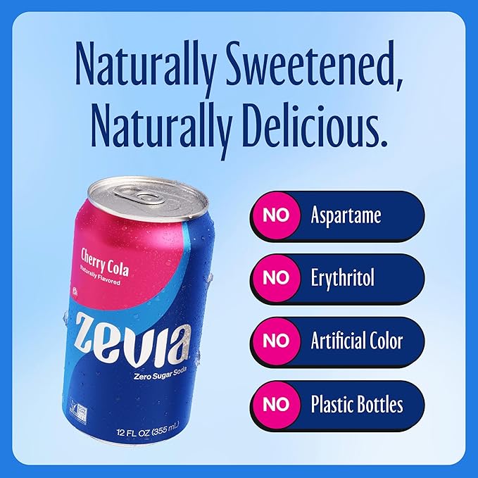 Zevia Zero Sugar Soda, Cherry Cola, 12 oz Cans (24-Pack) ??Naturally Sweetened, Non-GMO Project Verified, Gluten-Free, Vegan