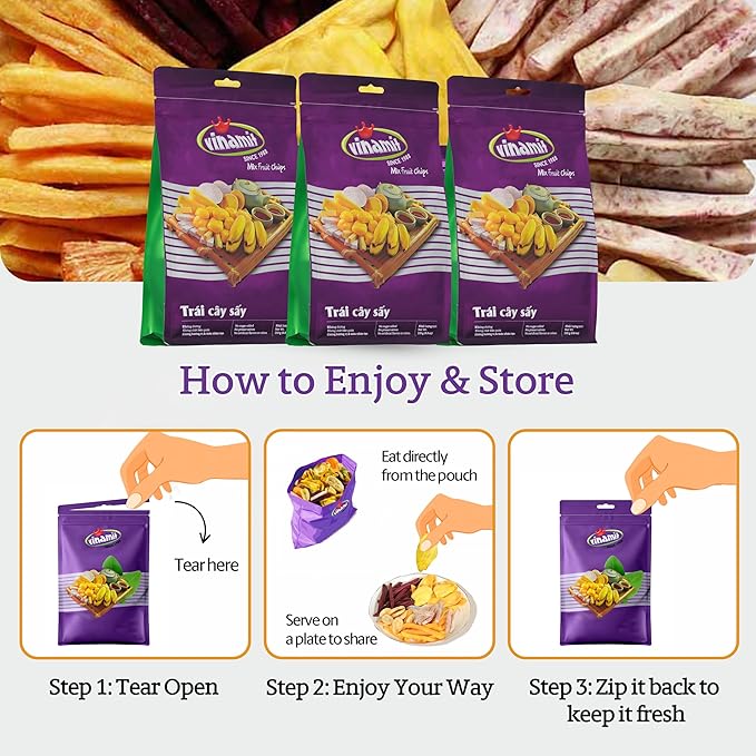 Vinamit Dried Mixed Fruit Chips | Healthy Snacks 8.8 oz Bag | Tropical Blend with Jackfruit, Banana, Pineapple, Sweet Potato, Taro & Vegetable | No Sugar Added | Non-GMO, Gluten-Free, Vegan