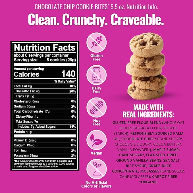 Every Body Eat Crunchy Cookie Bites, Gluten & Dairy Free, Vegan, School Lunch Snacks, (5.5 Ounce (Pack of 3), Chocolate Chip)