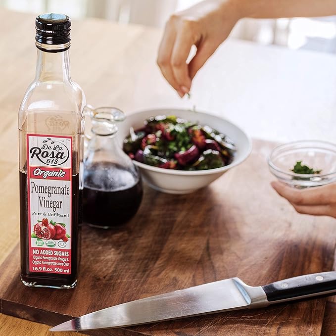 De La Rosa Organic Pomegranate Vinegar, Pure & Unfiltered, Vegan, Gluten Free & Kosher, Great for Salad Dressing, Marinades, 100% Pure Pomegranate Vinegar 16.9 Oz (pack of 1)