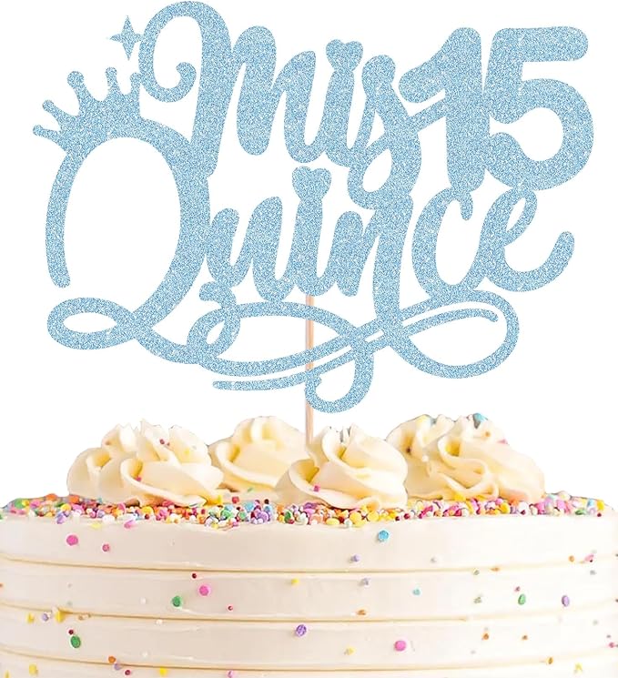 Quinceanera 15 Cake Topper - Light Blue Glitter 15th Birthday or Anniversary Party Cake Decorations for Girls, Mis A챰os 15 Cake Topper, Cheers to 15 Years Birthday Party Photo Booth Props