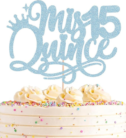 Quinceanera 15 Cake Topper - Light Blue Glitter 15th Birthday or Anniversary Party Cake Decorations for Girls, Mis A챰os 15 Cake Topper, Cheers to 15 Years Birthday Party Photo Booth Props