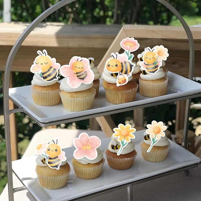 Rsstarxi 63 Pack Edible Bee Cake Topper Wafer Paper Oh Babee Cupcake Toppers for Honeybee Theme Bee Baby Shower Kids Birthday Party Cake Decorations Supplies