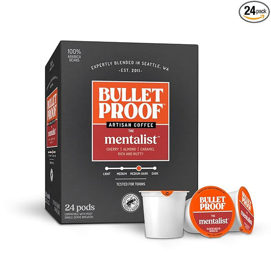 Bulletproof The Mentalist Medium-Dark Roast Single-Serve Pods, 24 Count, Clean Coffee Tested for Toxins, Packaging May Vary