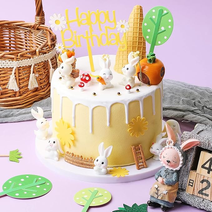 Yookeer 24 Pcs Bunny Cake Topper Set Rabbit Decorations Figurines Carrot Cake Decorations Rabbit Topper Happy Bunny Birthday for Kids DIY Birthday Party Garden Decor