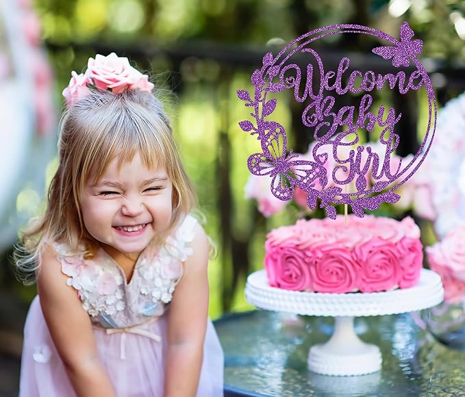Welcome Baby Girl Cake Topper - Deep Purple Glitter Baby Shower Cake Decorations, Baby Girl Cake Decor, for Baby Shower/Birthday Party/Gender Reveal Party Photo Booth Props
