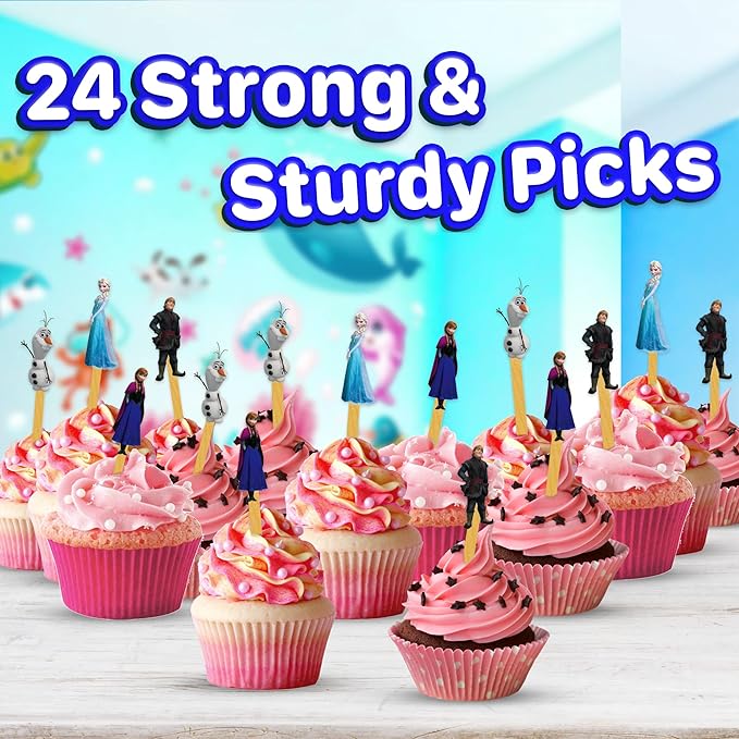 24x Winter Princess Cupcake Toppers ??Durable Picks Happy Birthday D챕cor, Cupcake Decorations for Kids' Birthdays