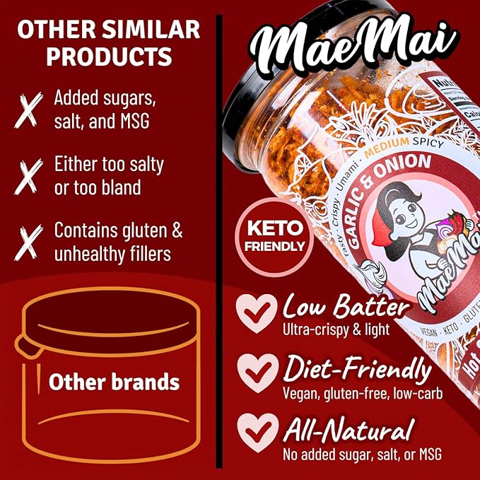 MaeMai Chili Crisp (MEDIUM HOT Spice) - Non-Oily Chili Crisp Topper, Rice Seasoning, Ramen Topper, Furikake, Umami Onion & Garlic Flakes | 4.41oz (125g) Resealable Bottle