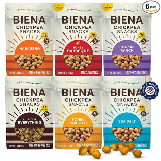 BIENA Chickpea Snacks - Crunchy Roasted Chickpeas - High Fiber Vegan Protein Snack for Adults & Kids - 6-Pack, 5 oz Bags - BBQ, Habanero, Honey Roasted, Lil' Bit of Everything, Sea Salt, Rockin' Ranch