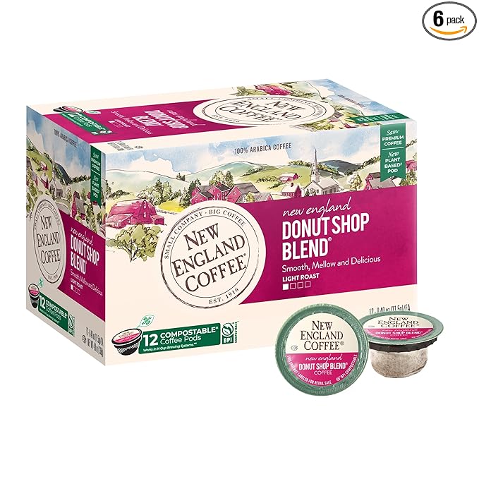 New England Coffee Donut Shop Blend Light Roast Single Serve Pods, 12ct Box (Pack of 6)