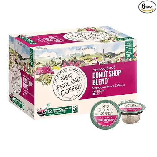 New England Coffee Donut Shop Blend Light Roast Single Serve Pods, 12ct Box (Pack of 6)