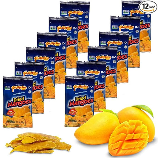 Philippine Brand Dried Mangoes Fruit Snacks- All Naturally Gluten Free, Vegan, Hand-Selected Delicious Fresh Mangos from Philippines, Grab and Go Perfect for Office & School Food (.7oz (12 pack))