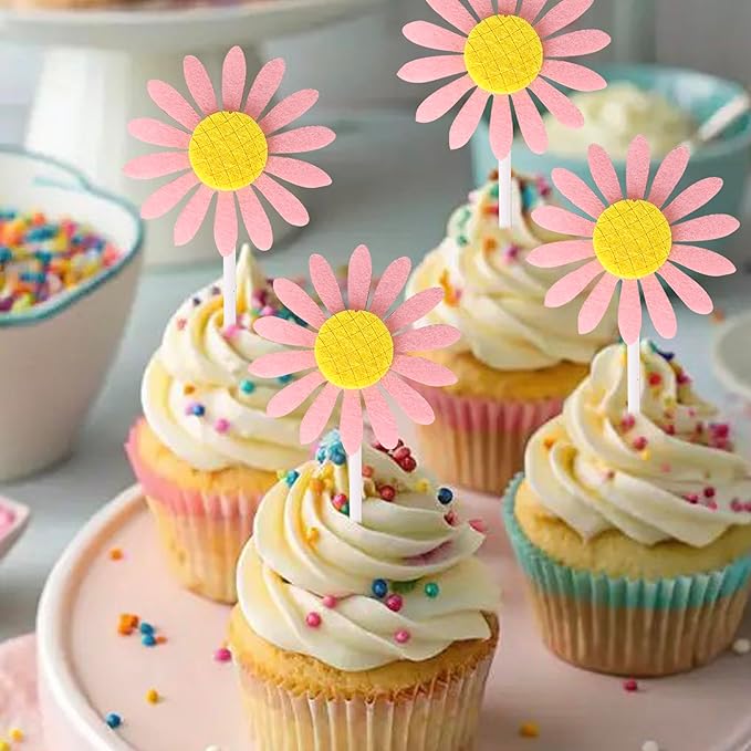 30 Pack Sunflower Cupcake Toppers Glitter Baby Shower Sunflower Cupcake Picks for Gender Reveal Theme Baby Shower 1st Birthday Party Cake Decorations Supplies Pink