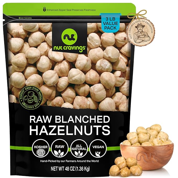 NUT CRAVINGS - Raw Blanched Hazelnuts Filberts - Unsalted, Shelled, (48oz - 3 LB) Bulk Nuts Packed Fresh in Resealable Bag - Kosher Healthy Snack, Food Assortments Ideal for Trail Mixed Nuts
