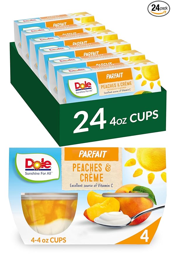 Dole Fruit Bowls Low Fat Peaches & Creme Parfait Snacks, 4.3oz 24 Total Cups, Gluten & Dairy Free, Bulk Lunch Snacks for Kids & Adults