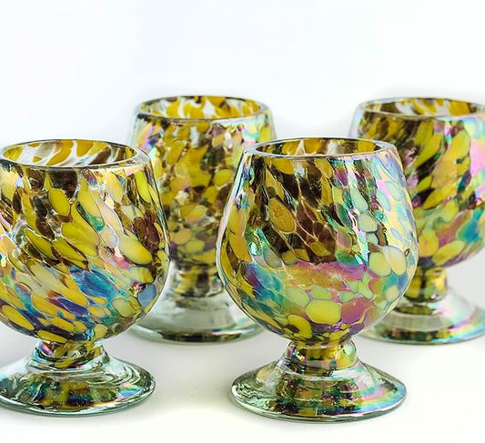 Authentic Mexican Tequila Hand Blown Shot Glasses - Set of 4-2 oz Mini Glass Snifters - Heavy Base - Cognac (Golden Hour Sips) Amber Hue Tasting Glasses for Sipping Añejo, Scotch & Cognac