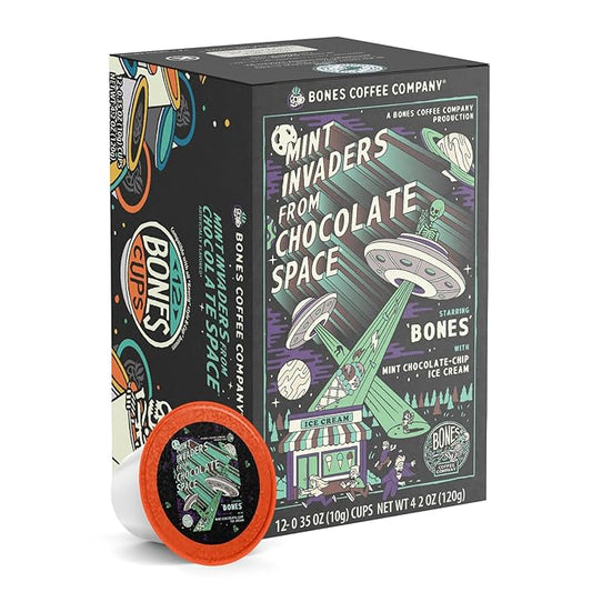 Bones Coffee Company Mint Invaders, Mint Chocolate Chip Flavored Coffee Pods, Low Acid Medium Roast Single-Serve Bones Cups, Compatible with Capsule Brewers Coffee Maker, 12 Count