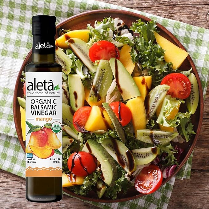 Aleta Farms Balsamic Vinegar, Mango Infused Organic Balsamic Vinegar, Aged, Flavored, USDA Organic, Glass Bottle, Product of Greece, 8.45 oz (Mango)