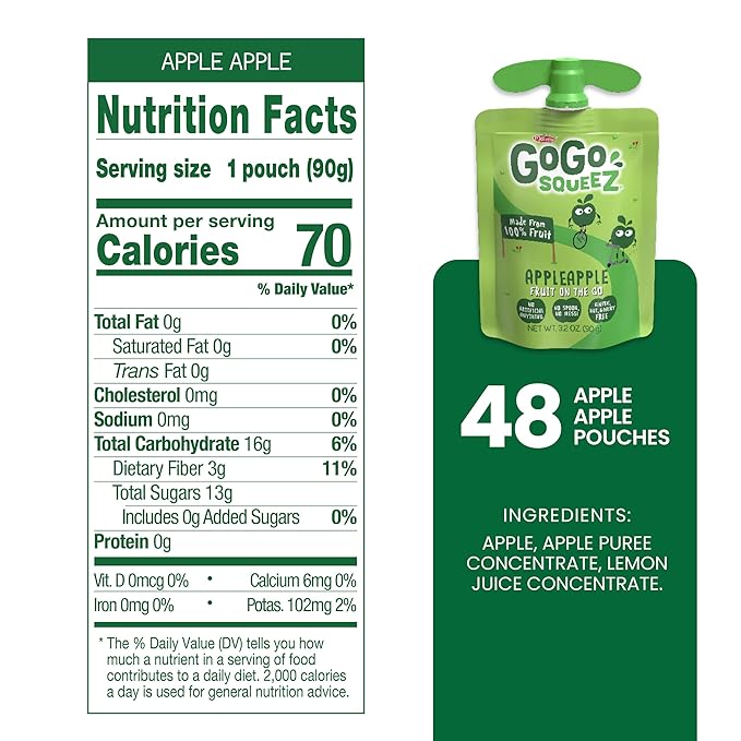 GoGo squeeZ Applesauce and Fruit Puree, Apple Apple, 3.2 oz (Pack of 48), Unsweetened Fruit Snacks for Kids, Gluten Free, Nut Free and Dairy Free, Recloseable Cap, BPA Free Pouches