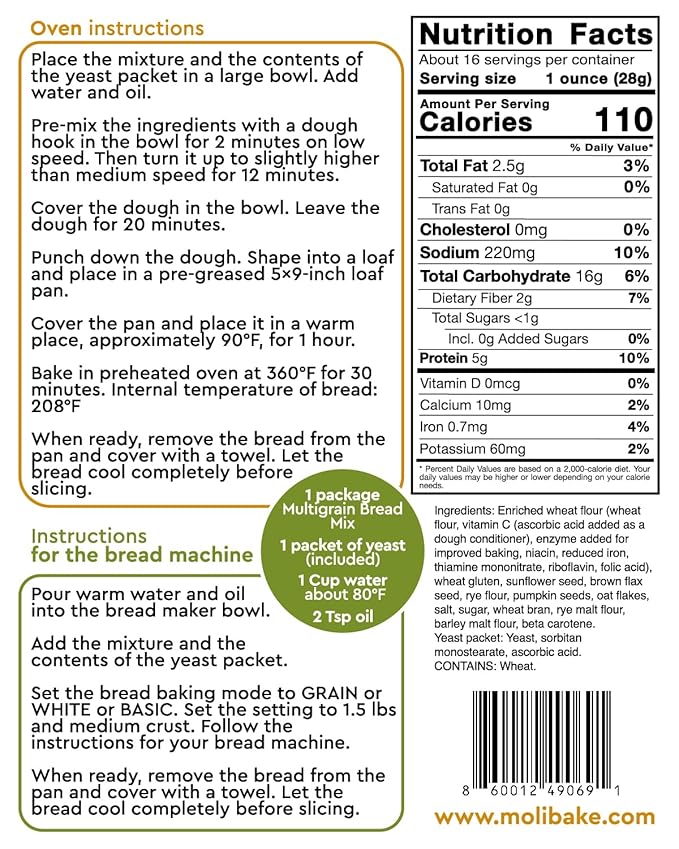 Molibake Multigrain Bread Mix ??Premium All-Natural Baking Mix for Bread Machine and Oven ??15 oz ??Gourmet Blend with Sunflower Seeds, Brown Flax, Pumpkin Seeds, Oat Flakes, Rye, Barley Malt, Wheat Bran ??Easy-to-Use Bread Maker Mix for Homemade Baking