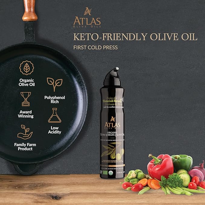 Cooking Oil by Atlas, Extra Virgin Olive Oil Spray, Dual Function Spray and Stream, 5.4 fl oz, 6 Pack Non Stick, Polyphenol Rich Moroccan EVOO, Cold Pressed, Hydroxytyrosol Keto