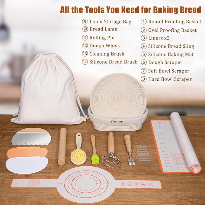Panny Banneton Basket, Banneton Bread Proofing Basket with Liners, 9" Round & 10" Oval Sourdough Starter Kit, Sourdough Bread Baking Supplies, Bread Making Tools, Natural Rattan Proofing Bowls Baskets