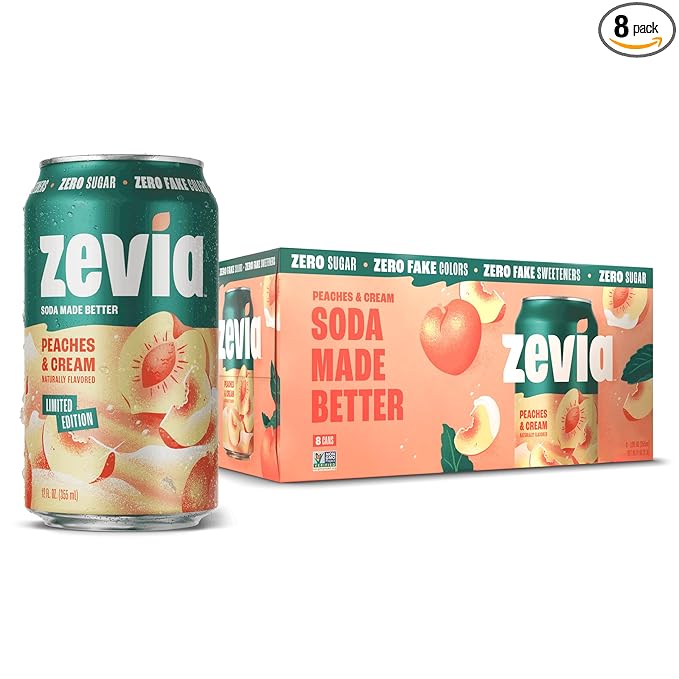 Zevia Zero Sugar Soda, Peaches and Cream, 12 oz Cans (8-Pack) ??Caffeine Free, Naturally Sweetened, No Calorie Soda - Non-GMO Project Verified, Gluten-Free, Vegan