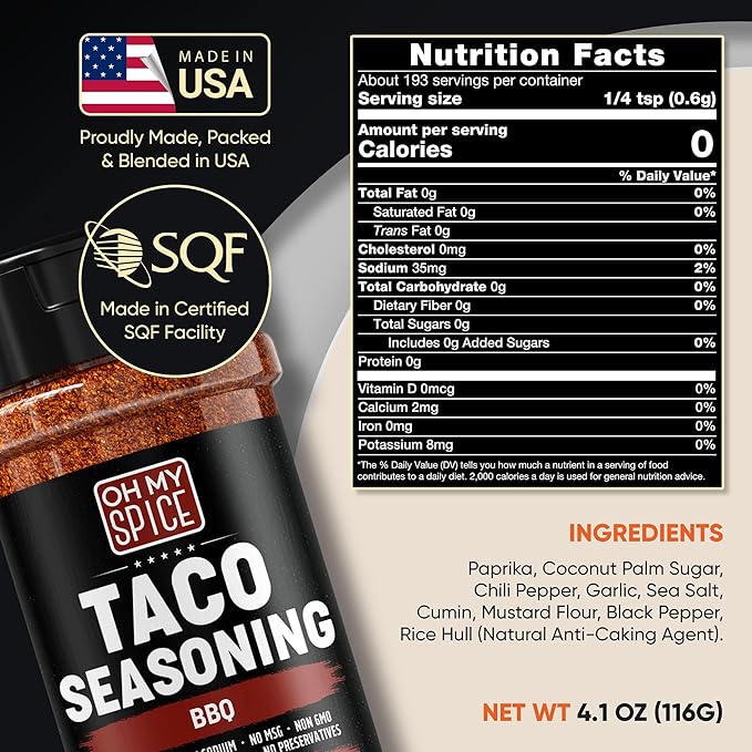 Taco Seasoning Mix BBQ Rub - Gluten Free & Low Sodium Mexican Seasoning Blend for Taco Tuesday Night. BBQ Seasonings for Fajita & Burrito. Meat, Steak & Chicken Tacos Barbecue Spice Toppings. 4.1oz