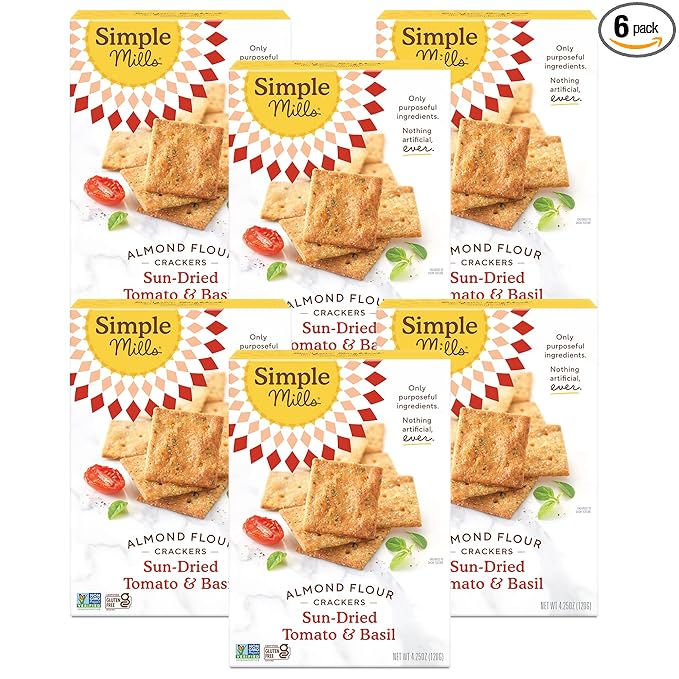 Simple Mills Almond Flour Crackers, Sundried Tomato & Basil - Gluten Free, Vegan, Healthy Snacks, Plant Based, 4.25 Ounce (Pack of 6)