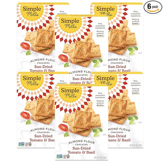 Simple Mills Almond Flour Crackers, Sundried Tomato & Basil - Gluten Free, Vegan, Healthy Snacks, Plant Based, 4.25 Ounce (Pack of 6)