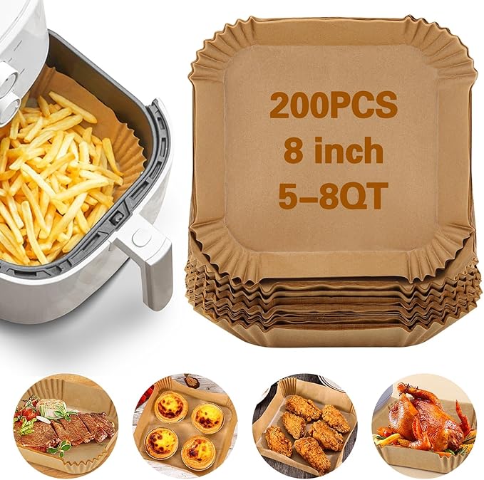 200Pcs Air Fryer Paper Liners, 8 Inch Square Disposable Paper Liner, Non-stick Parchment Paper for Frying Baking Roasting Microwave Oven