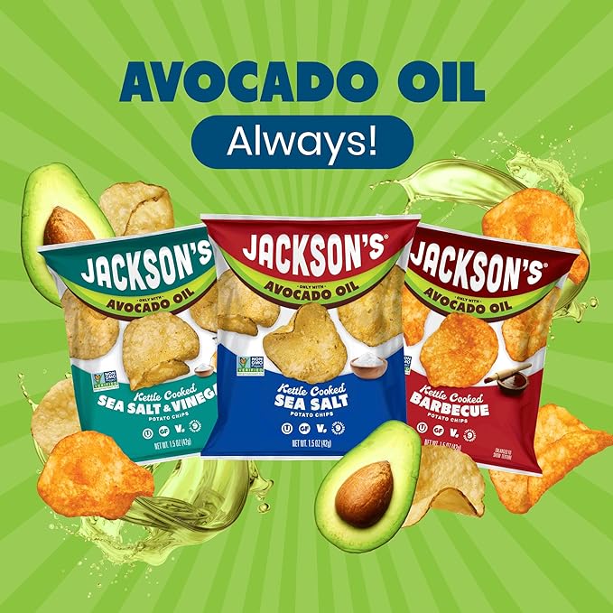 Jackson?™s Classic Kettle Potato Chips (Variety Pack, 1.5 oz, Pack of 10) - Made with Premium Avacado Oil, Sea Salt, Salt & Vinegar and BBQ Flavors - Allergen-friendly, Gluten Free, Vegan