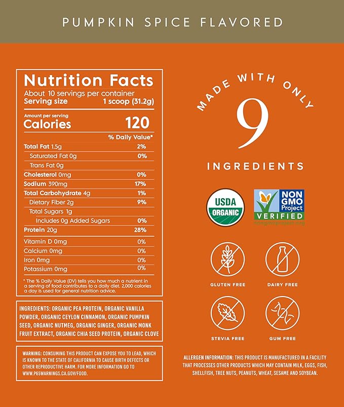 Truvani Vegan Pea Protein Powder | Pumpkin Spice | 20g Organic Plant Based Protein | 10 Servings |