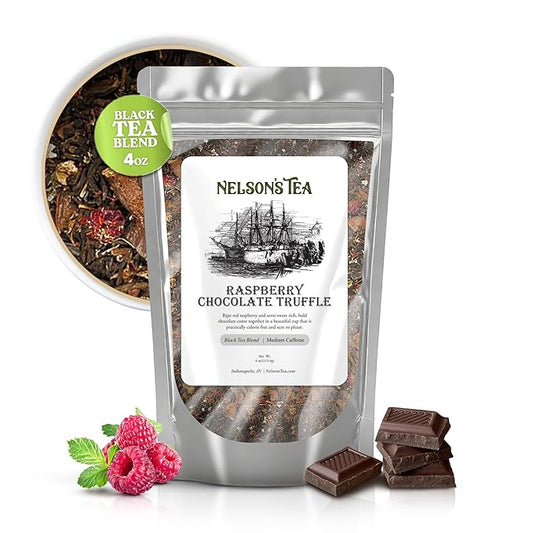 Nelson's Tea Raspberry Chocolate Truffle - Loose Leaf Black Tea with Raspberry Leaf, Chocolate Rooibos, Truffle Essence, Carob Beans, Hibiscus & Chocolates Chips, Infused with Natural Flavors - 4 oz.
