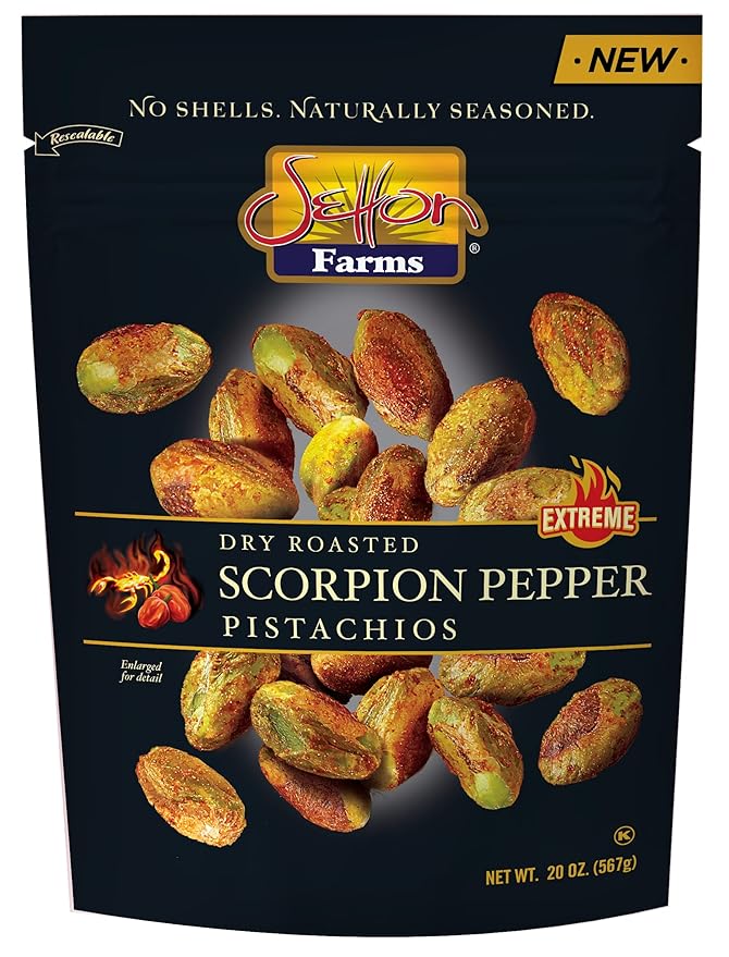 Setton Farms Pistachios, Scorpion Pepper Extreme Flavor Pistachios Value Bag, Naturally Seasoned, Dry Roasted No Shell Pistachios, Non-GMO Project Verified, Gluten Free, Vegan, Kosher, 20 Oz