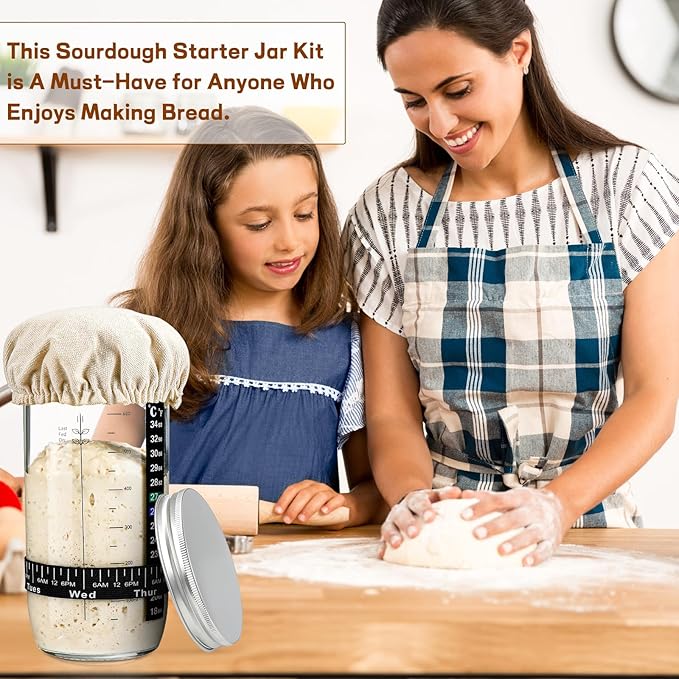 DWTS DANWEITESI Sourdough Starter Jar with Date Marked Feeding Band, Thermometer, Sourdough Fermentation Jar Scraper, Sewn Cloth Cover & Aluminum Lid, Sourdough Starter Kit Reusable(2pcs/24oz)
