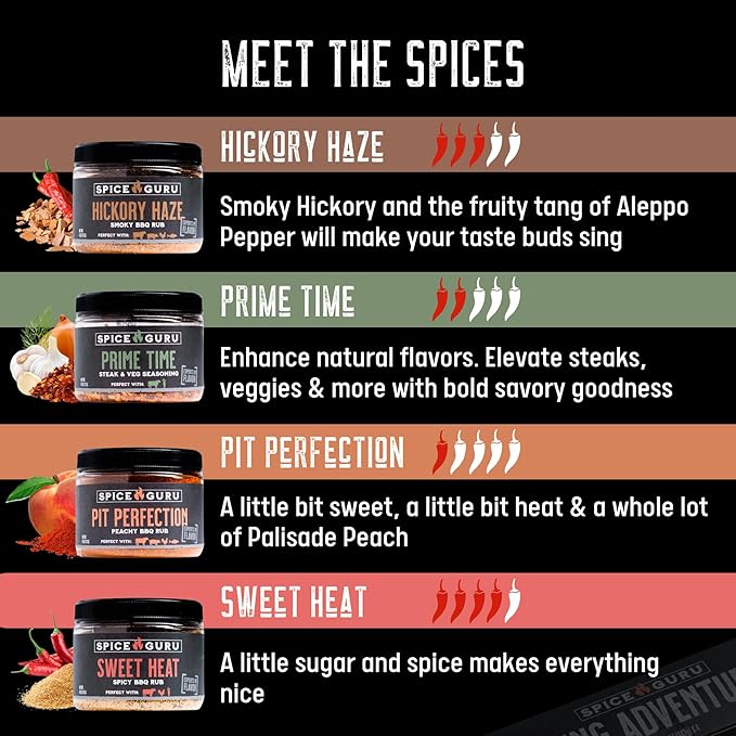 Spice Guru BBQ Rub Set - 4 Flavor BBQ Seasoning/Rubs Great FathersDay Gifts for Dad or Husband - Grilling Gifts for Men - Birthday Gift for Men - Barbecue Grilling Accessories - Meat Seasonings