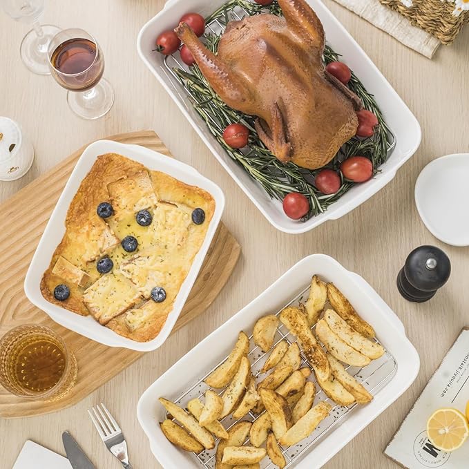 Casserole Dish with Roasting Racks, 3 QT Baking Dish with Handles, White Bakeware, Ceramic Baking Pan, Microwave Oven Safe, Dinner, Wedding ç«?3.6"*8.7"ç«?,<div>