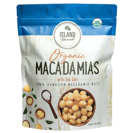 Island Harvest Organic Macadamia Nuts with Sea Salt - 100% Hawaiian Keto Friendly Nuts, All-Natural Non-GMO Macadamia Nuts Salted, Gluten-Free Dry Roasted Whole and Half Nuts; 20 Ounce (Pack of 1)